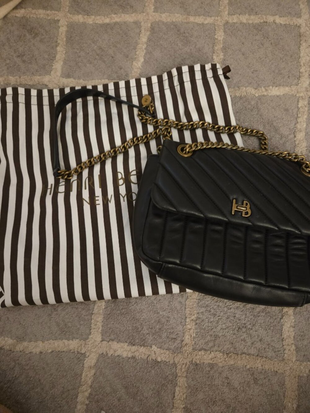 Henri Bendel Black Leather and Gold Quilted Crossbody Women's Handbag/Purse